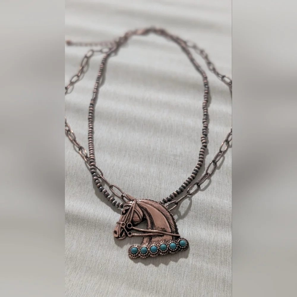 Bronze and Turquoise Horse Pendant Necklace